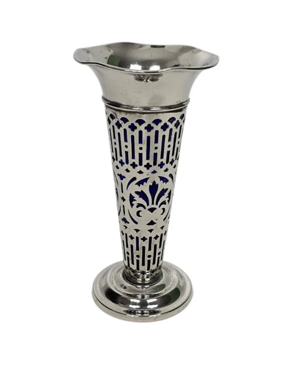 Vintage Godinger Silverplate Vase With Cobalt Blue Glass Liner Pierced Overlay